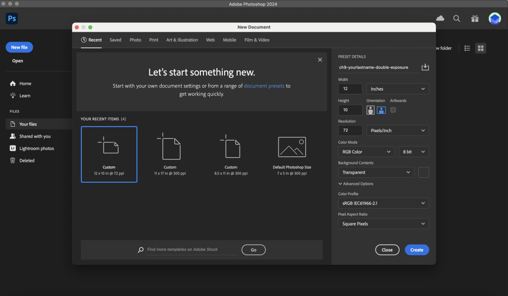 Screencapture of Adobe Photoshop's New Image dialog box, showing settings for creating this exercise's image.